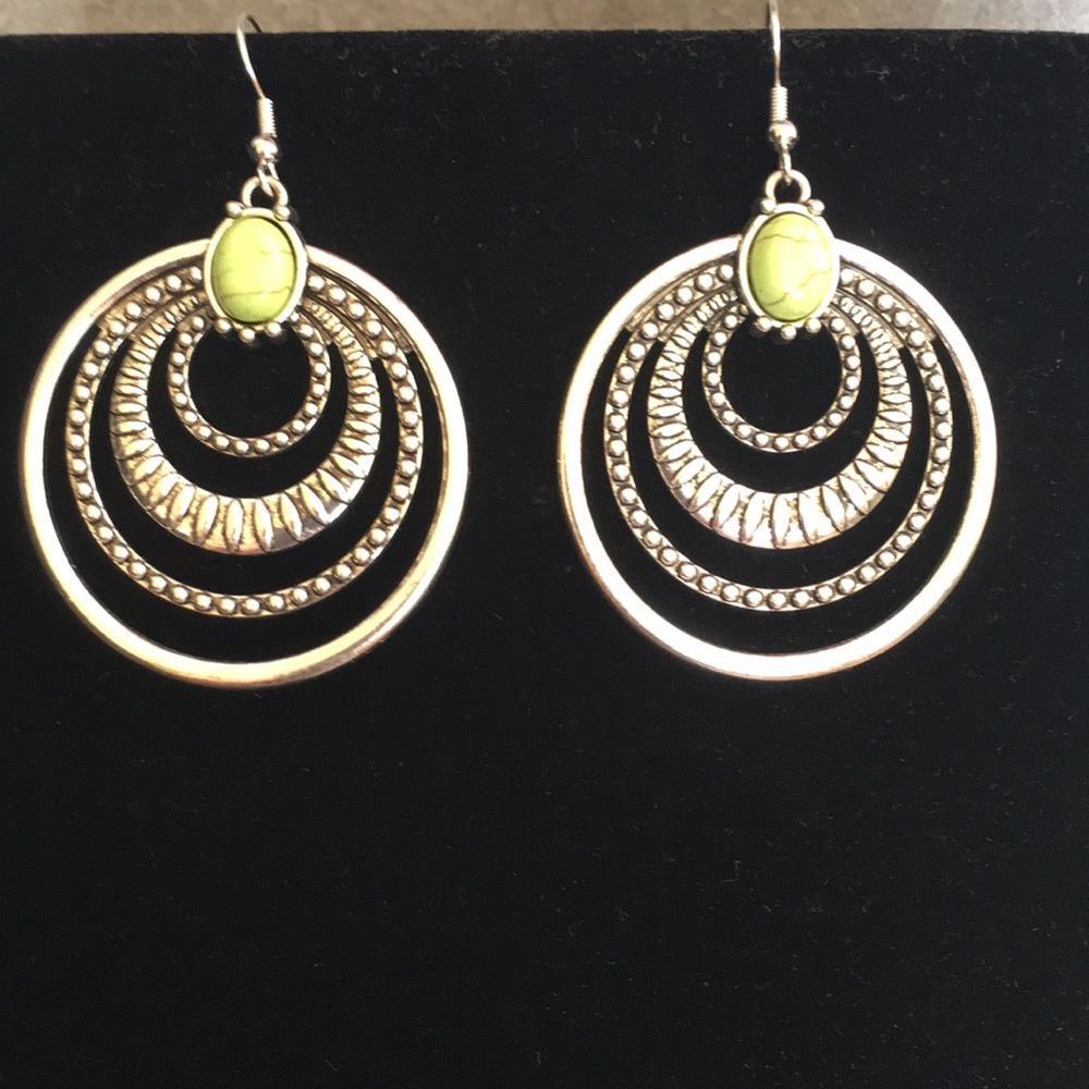 Silver Tone Boho Trendy Loop Dangle Earrings with Green Accent 1 1/2” Across